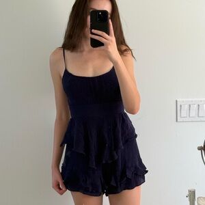 Navy Selfie Leslie Ruffled Romper with Spaghetti Straps